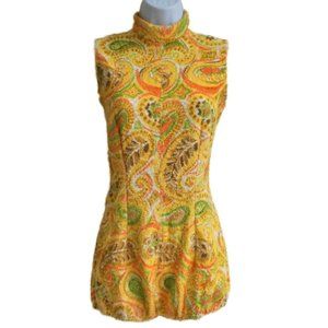 Vintage 60s MCM Playsuit Terry Cloth Towel Psychedelic Paisley Talon Zip Choker
